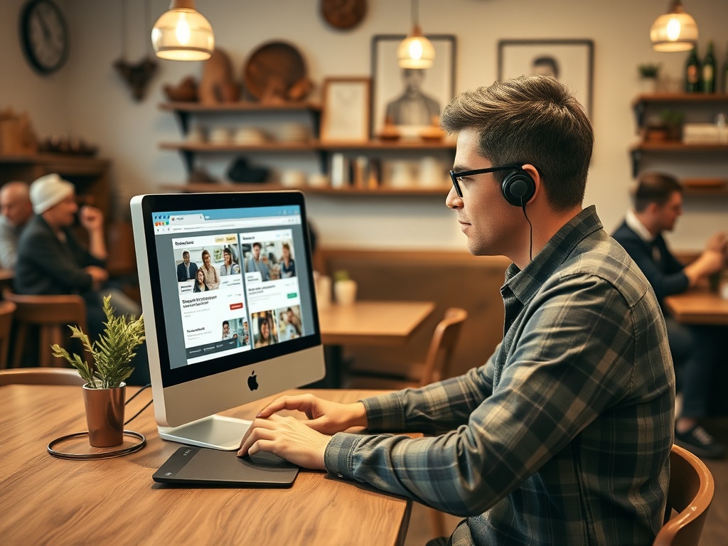 Un tânăr lucrează la un computer desktop într-o cafenea, purtând căști și concentrându-se pe ecran.