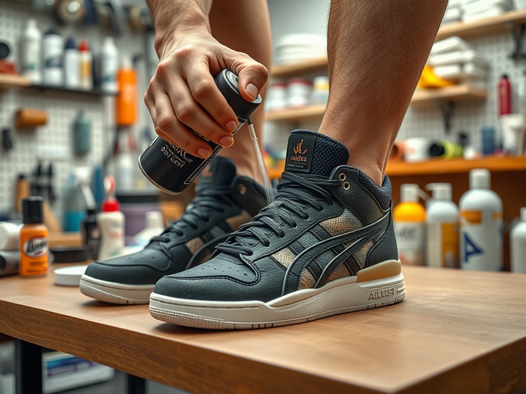 O persoană aplică spray pe o pereche de adidași de culoare neagră, pe o masă într-un mediu de lucru.