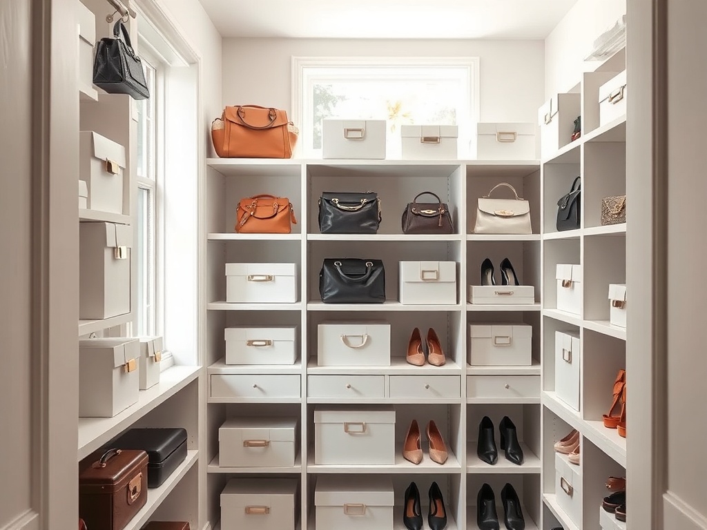 O garderobă elegantă, cu rafturi albe, plină de genți și pantofi organizați. Lumina naturală pătrunde prin fereastră.